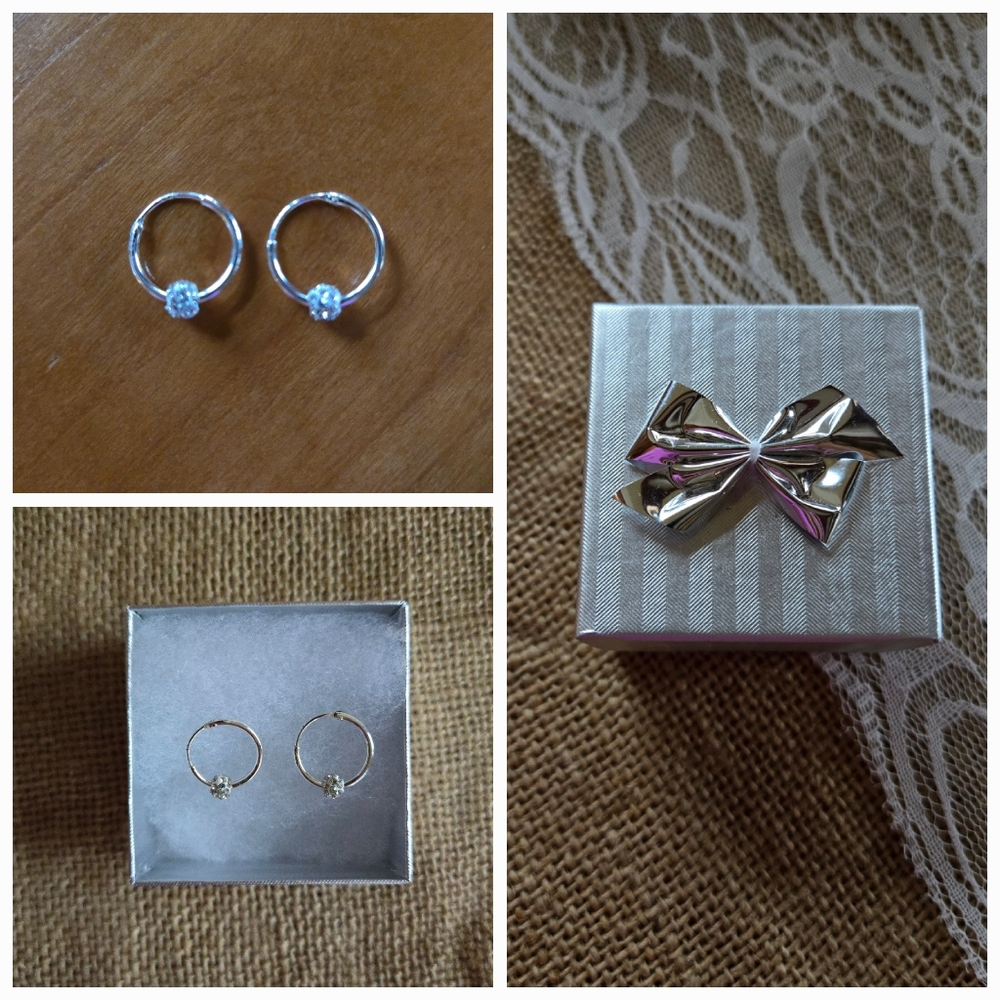 Sterling Delicate Hoop Earring with Crytal Ball Detailing